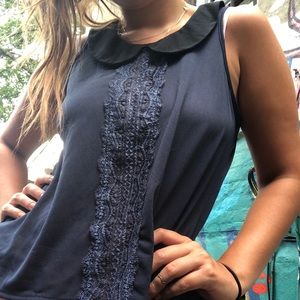 lacey navy blouse with black collar